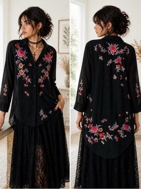 ZARA Black Floral Embroidered Button-Up Hi-Lo Tunic Shirt (Sz L)